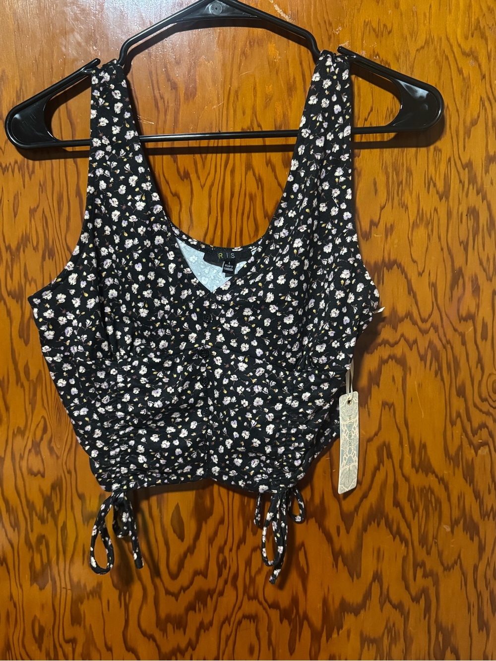 iris Black Floral Tie-Hem Crop Top with White and Pale Pink Daisies